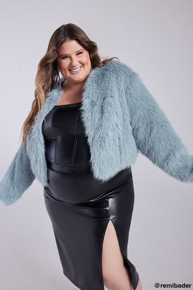 Forever 21 Plus Women's Faux Fur Open-Front Jacket Blue