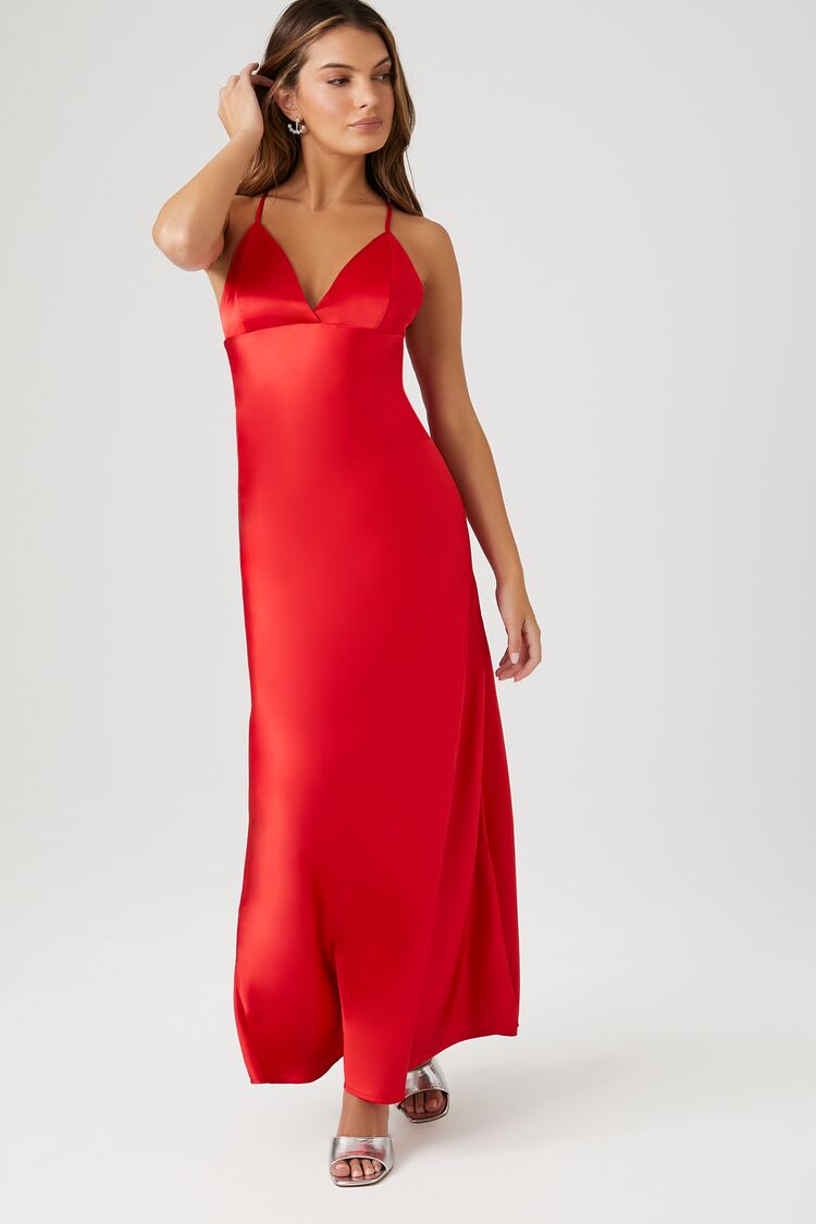 Forever 21 Women's Satin V-Neck Maxi Long Slip Dress Fiery Red