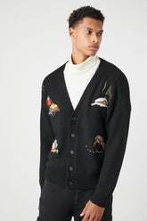 Forever 21 Knit Men's Embroidered Snow Sport Cardigan Sweater Black/Multi