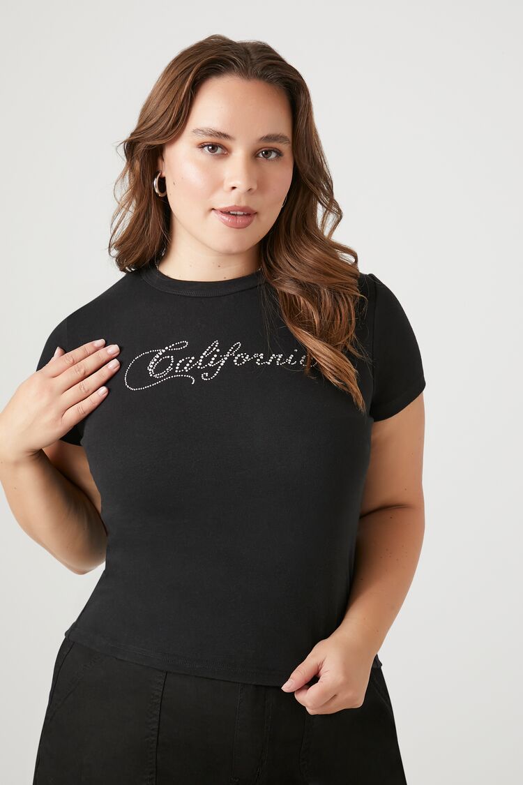 Forever 21 Plus Women's Rhinestone California Graphic Baby T-Shirt Black/Silver