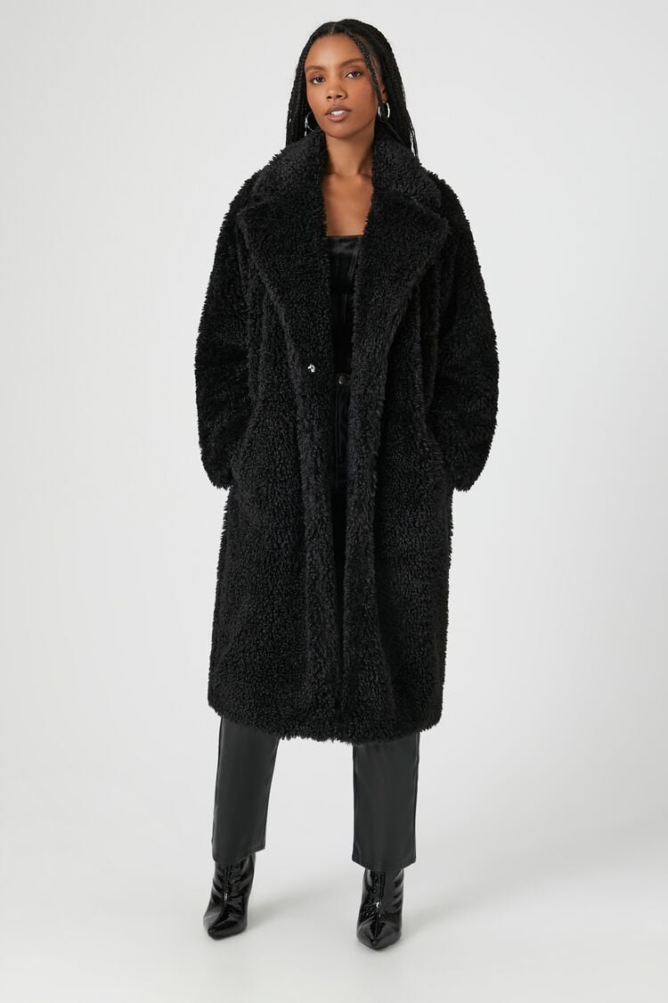 Forever 21 Women's Faux Shearling/Sherpa Duster Coat Black