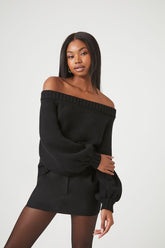 Forever 21 Knit Women's Off-the-Shoulder Balloon-Sleeve Sweater Black