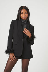 Forever 21 Women's Faux Feather-Trim Blazer Black