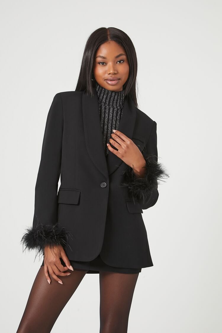 Forever 21 Women's Faux Feather-Trim Blazer Black