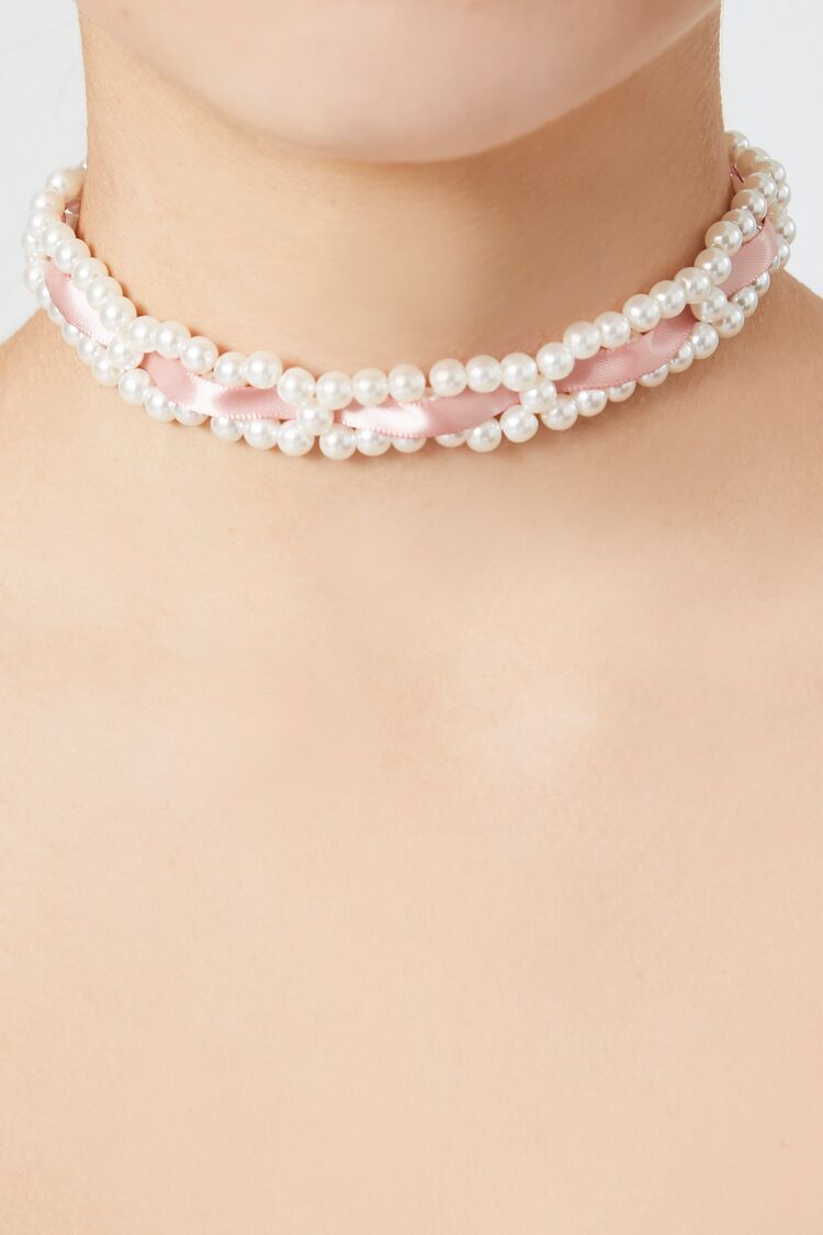 Forever 21 Women's Ribbon & Faux Pearl Choker Necklace White/Pink