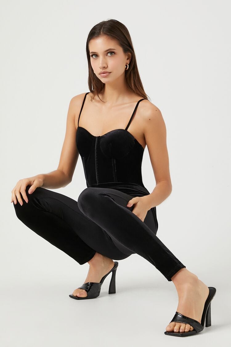 Forever 21 Women's Velvet Sweetheart Bustier Jumpsuit Black