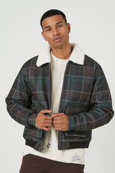 Forever 21 Men's Faux-Shearling/Sherpa Collar Plaid Jacket Black/Multi