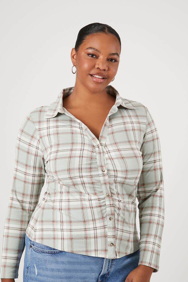 Forever 21 Plus Women's Ruched Plaid Shirt Sage/Multi