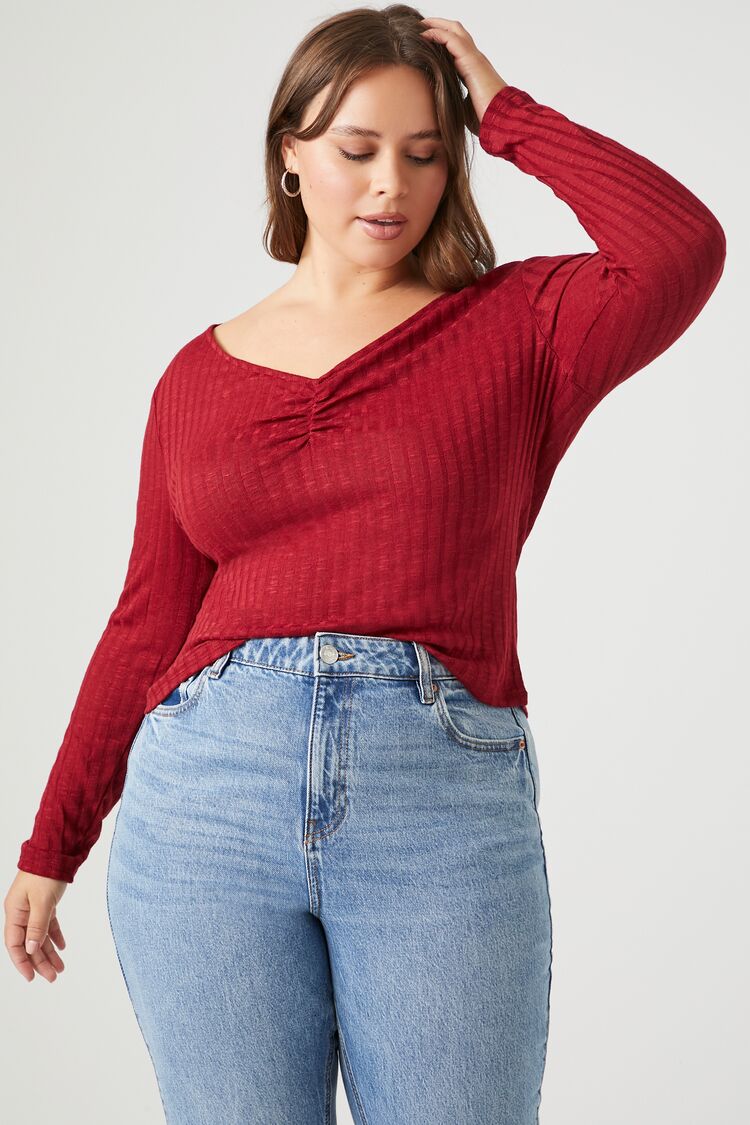 Forever 21 Plus Women's Ruched Ribbed Knit Top Heather Red