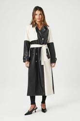 Forever 21 Women's Faux Leather/Pleather Colorblock Trench Coat Black/White