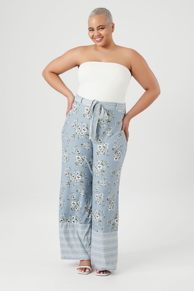 Forever 21 Plus Women's Ornate Floral Wide-Leg Pants Blue