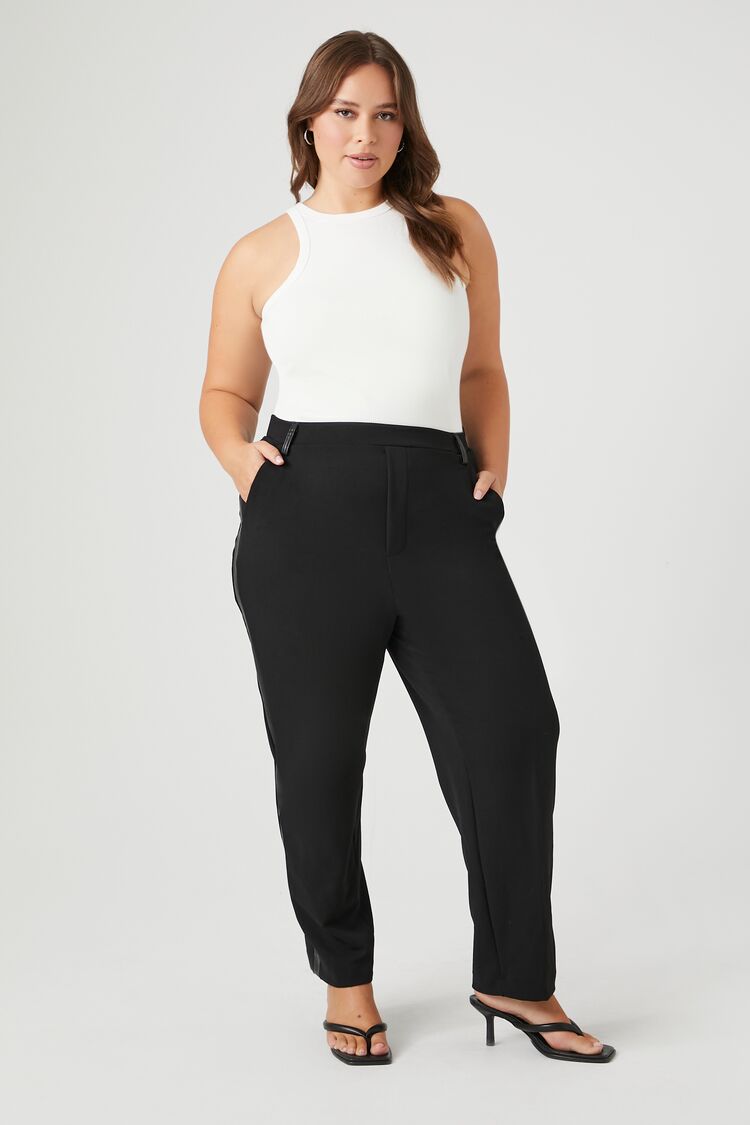 Forever 21 Plus Women's Faux Leather/Pleather-Trim Pants Black