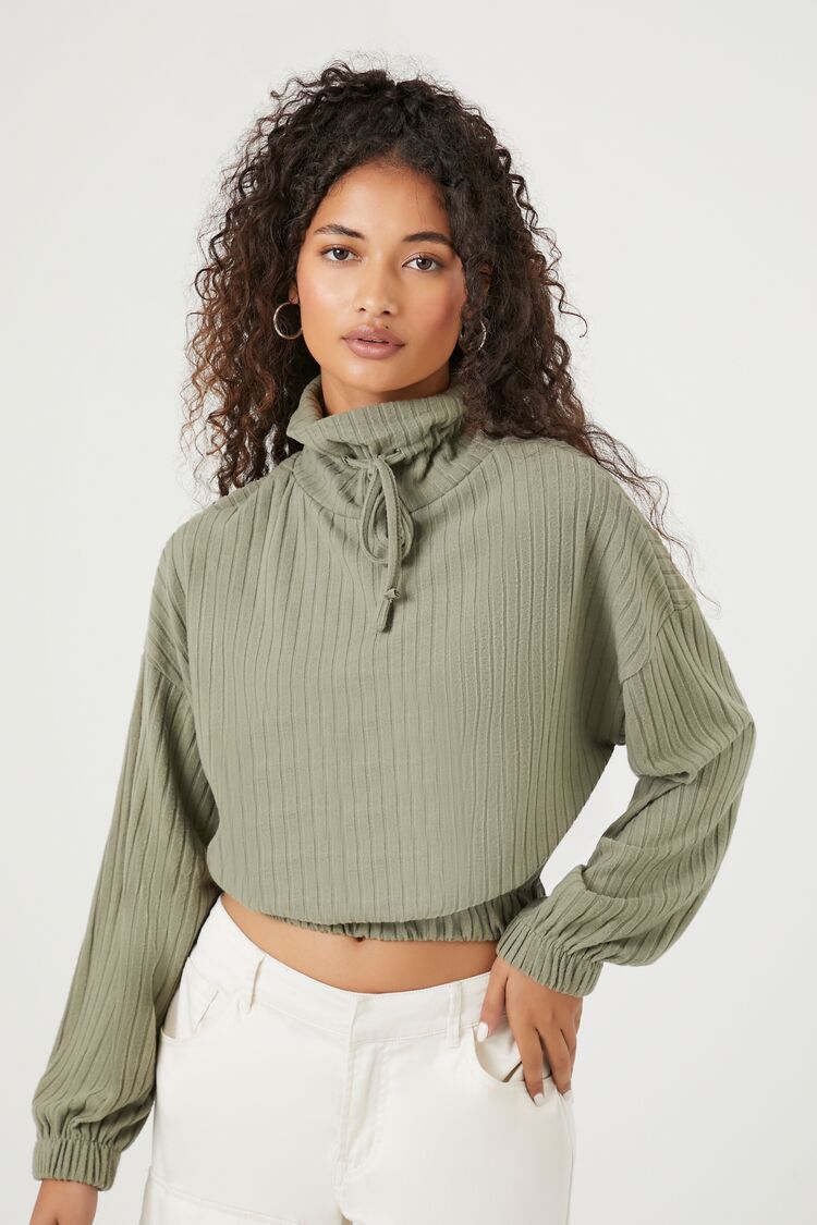 Forever 21 Women's Drawstring Turtleneck Crop Top Olive