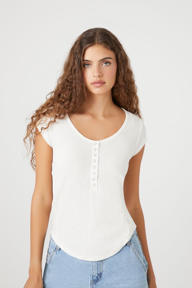 Forever 21 Women's Curved-Hem Thermal Henley Top White