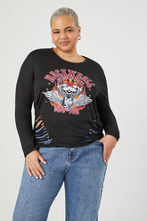 Forever 21 Plus Women's Rock N Roll Slashed T-Shirt Black/Multi