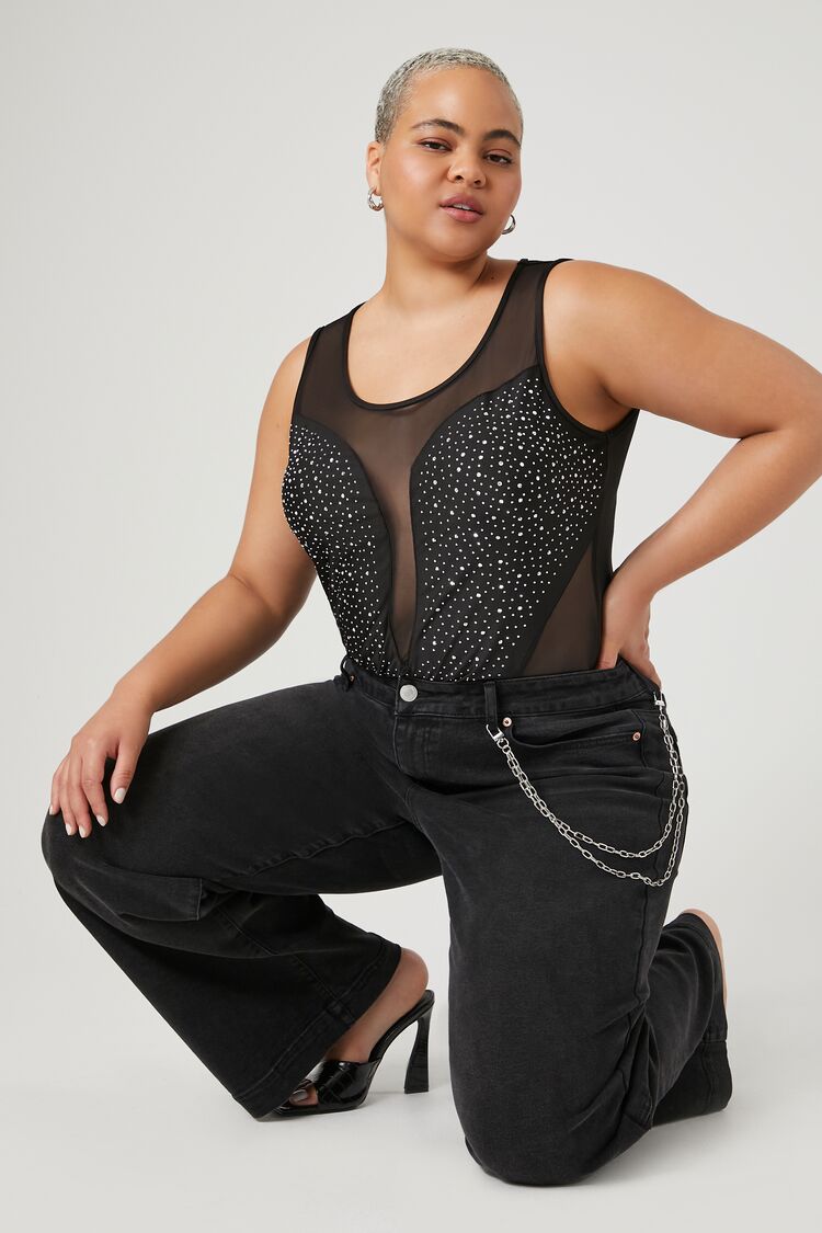 Forever 21 Plus Women's Sheer Rhinestone Bodysuit Black