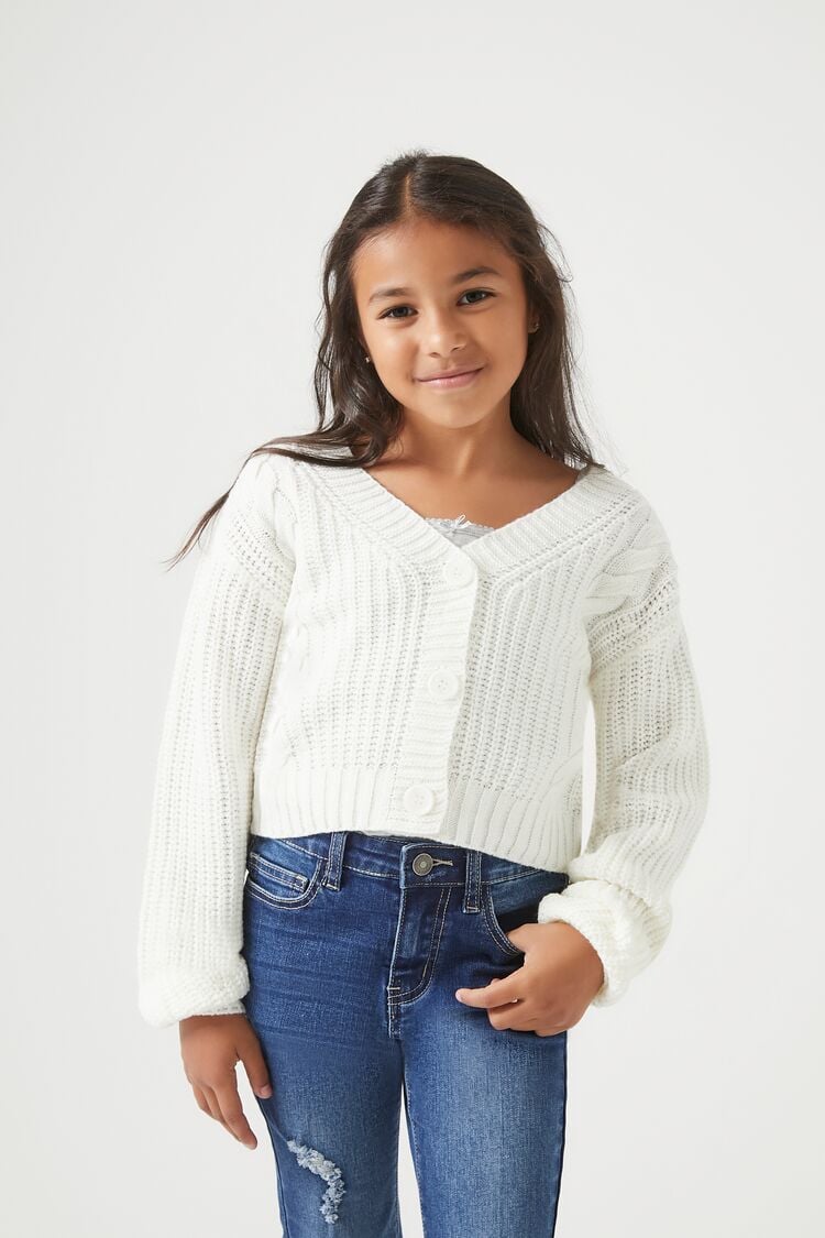 Forever 21 Girls Cable Knit Cardigan Sweater (Kids) White