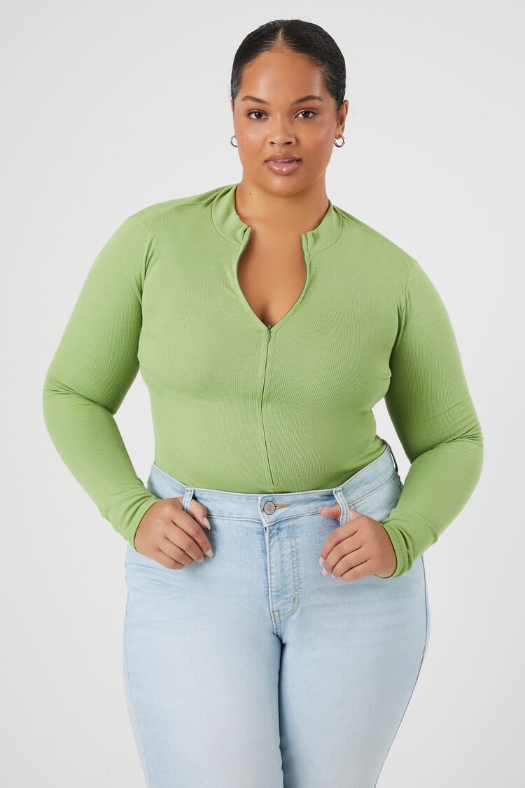 Forever 21 Plus Women's Mock Neck Zip-Up Bodysuit Green