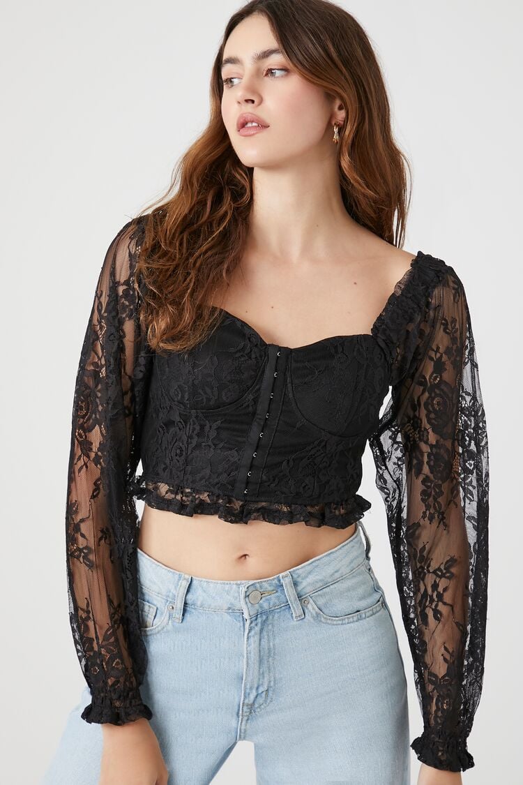 Forever 21 Women's Lace Sweetheart Corset Crop Top Black