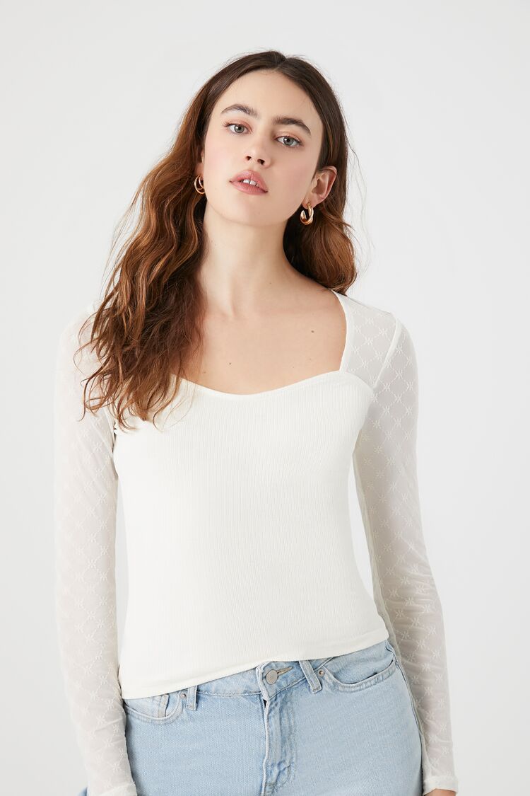 Forever 21 Women's Ribbed Lattice-Sleeve Top White