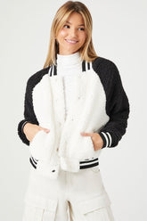 Forever 21 Women's Faux Shearling/Sherpa Varsity Bomber Shacket Black/White