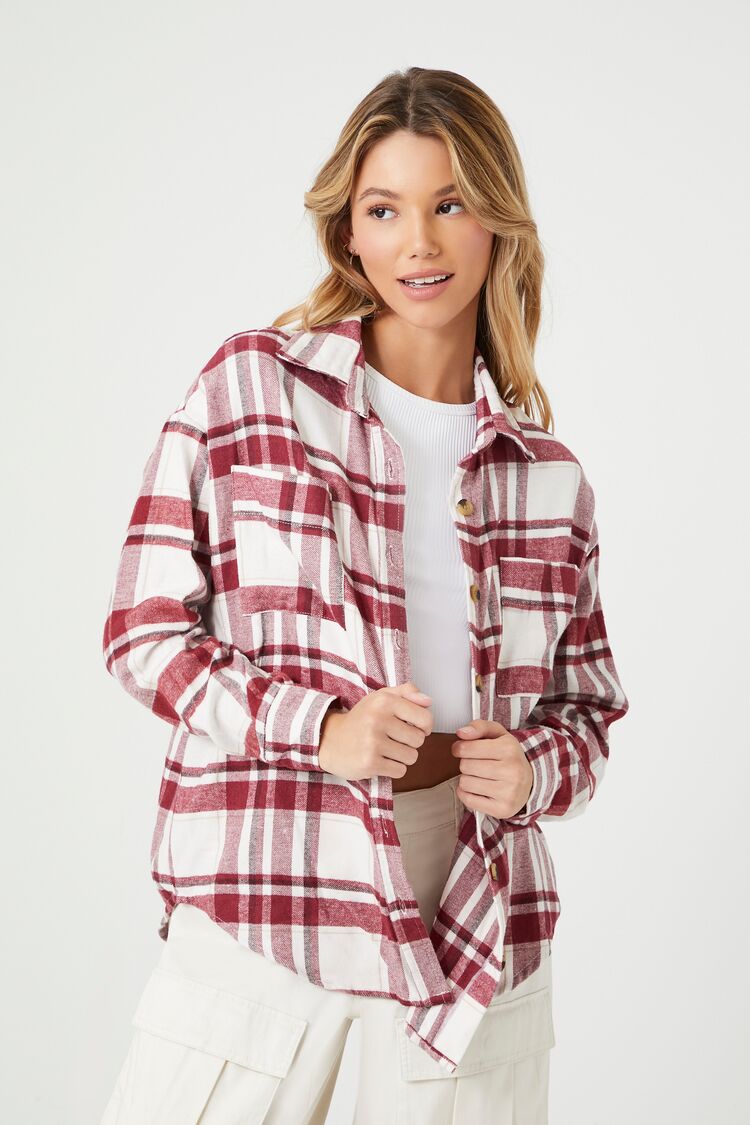 Forever 21 Women's Plaid Flannel Curved-Hem Shirt Cream/Multi