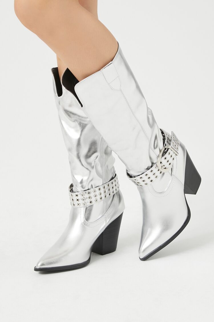 Forever 21 Women's Buckled Metallic Cowboy Boots Silver