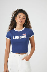 Forever 21 Women's Cropped London Ringer T-Shirt Blue