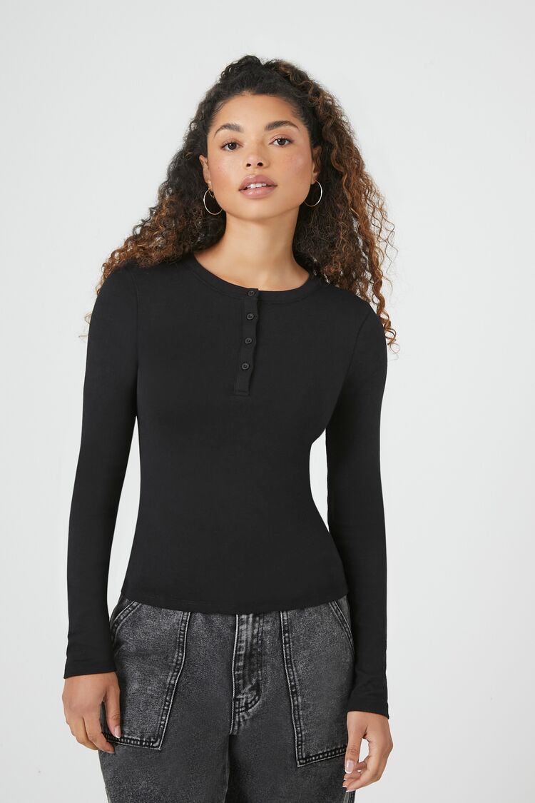 Forever 21 Women's Fitted Henley Top Black