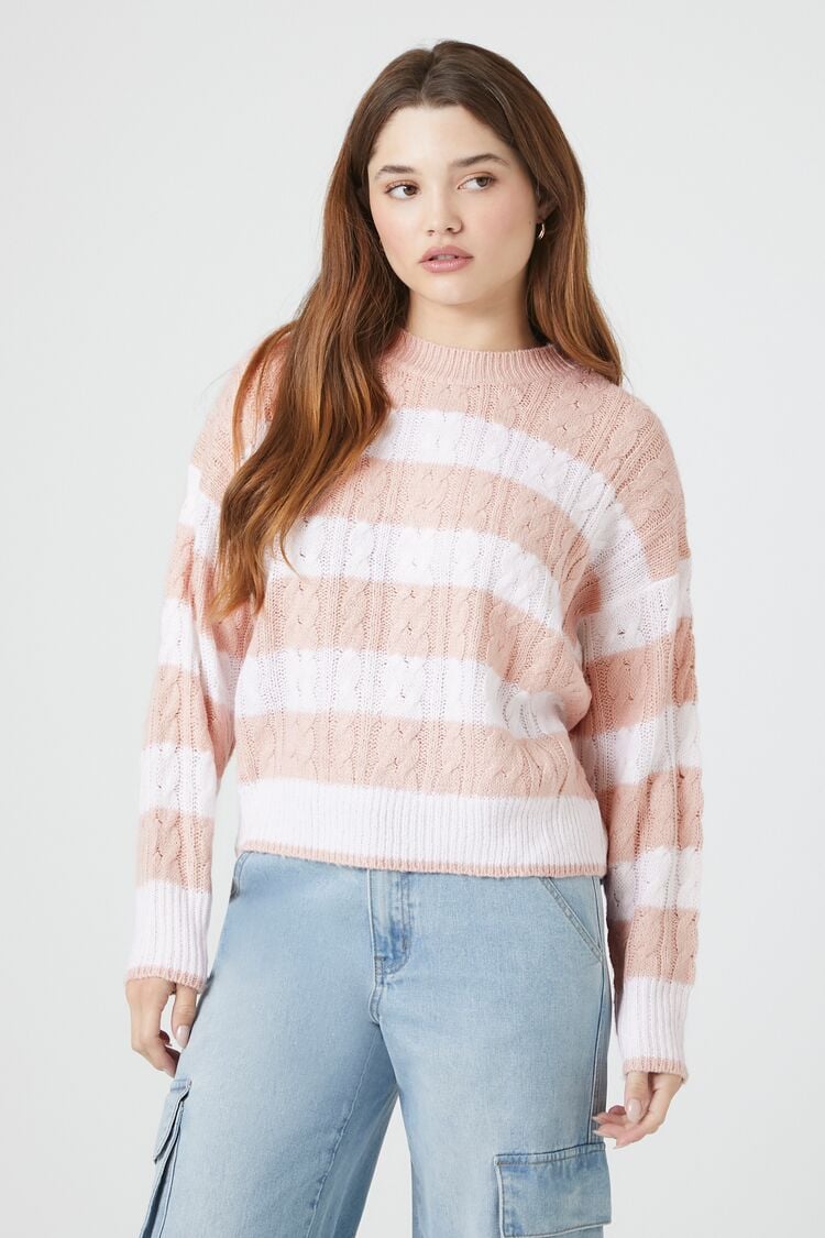 Forever 21 Women's Striped Cable Knit Sweater Pink/White