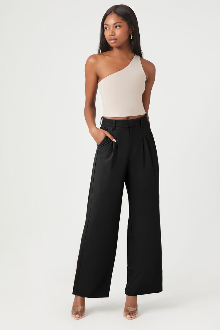 Forever 21 Women's Pleated Wide-Leg Trouser Pants Black