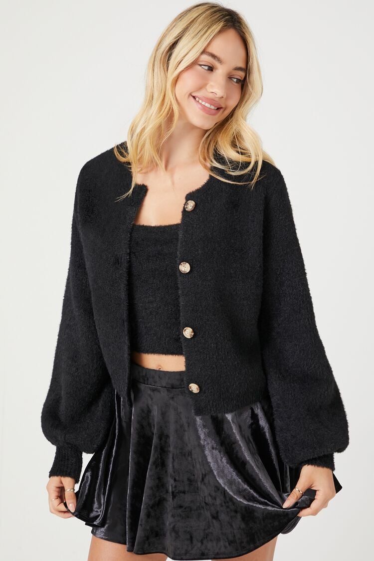 Forever 21 Knit Women's Fuzzy Cardigan Sweater Set Black