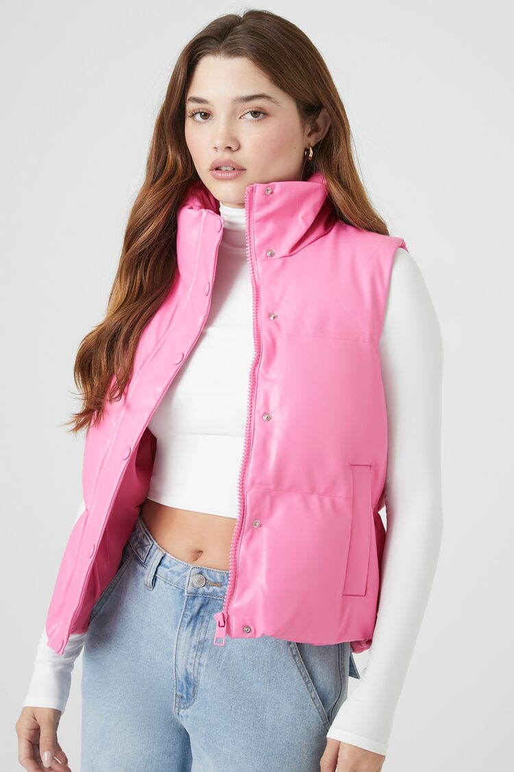 Forever 21 Women's Faux Leather/Pleather Quilted Puffer Vest Pink