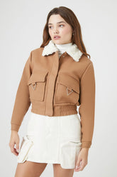 Forever 21 Women's Faux Shearling/Sherpa-Collar Trucker Jacket Tan