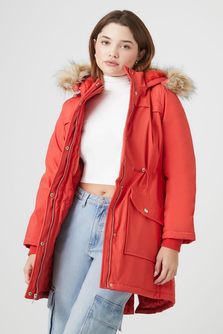 Forever 21 Women's Faux Fur-Trim Longline Coat Red