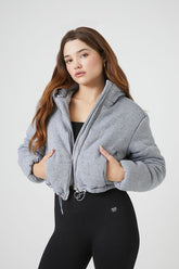 Forever 21 Women's Fleece Quilted Hooded Bomber Jacket Heather Grey