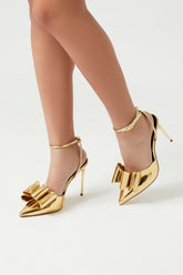 Forever 21 Women's Metallic Bow Pointed Stiletto Heels Gold