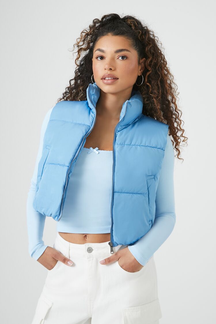 Forever 21 Women's Toggle Zip-Up Cropped Puffer Vest Blue