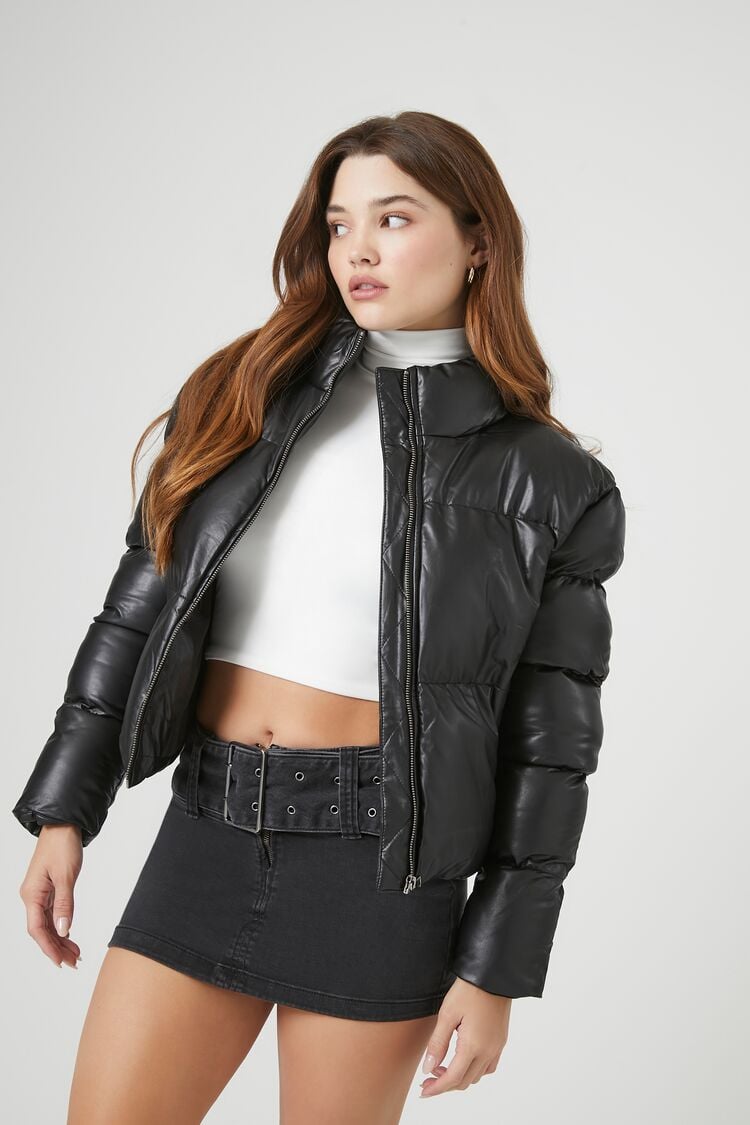 Forever 21 Women's Faux Leather/Pleather Quilted Puffer Bubble Coat Jacket Black