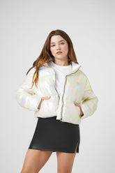 Forever 21 Women's Iridescent Quilted Puffer Bubble Coat Jacket White/Multi