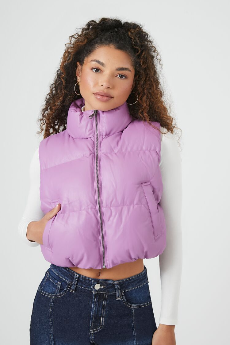 Forever 21 Women's Faux Leather/Pleather Cropped Puffer Vest Lilac