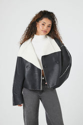 Forever 21 Women's Faux Leather/Pleather Double-Breasted Jacket Black/White