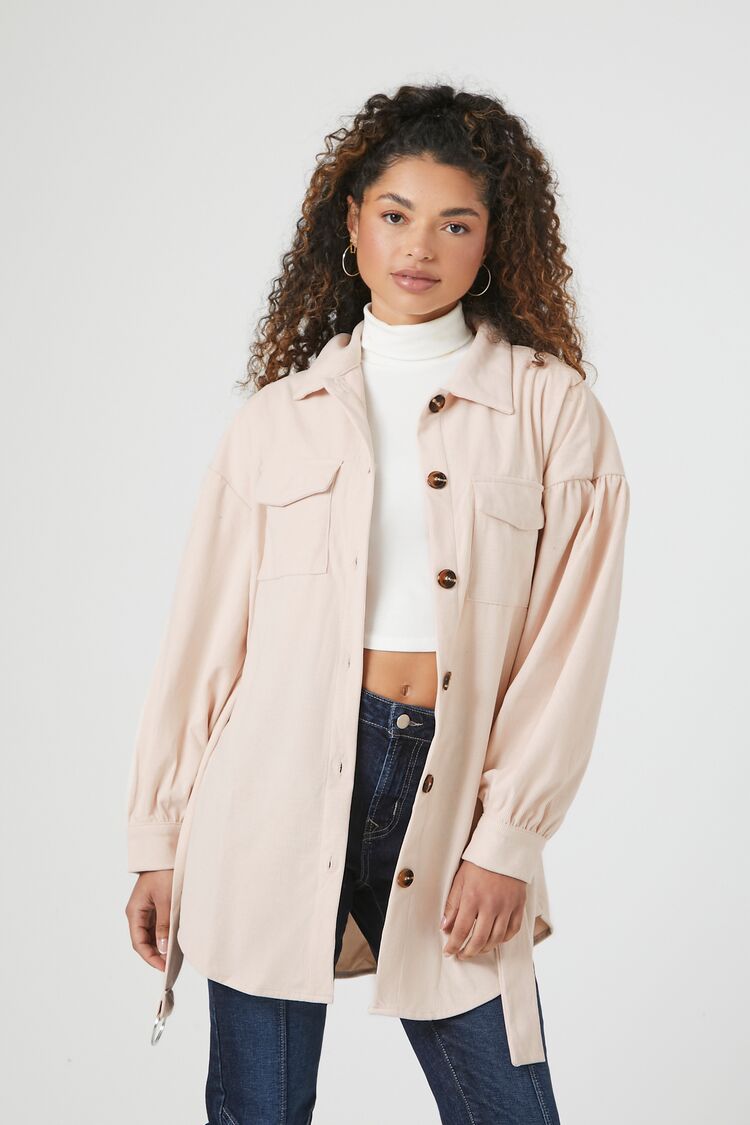 Forever 21 Women's Belted Corduroy Shacket Cream