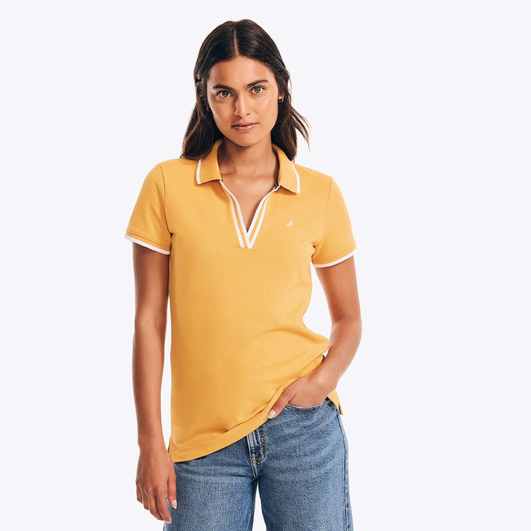 Nautica Women's Sustainably Crafted Ocean Split-Neck Polo Yellow Zest