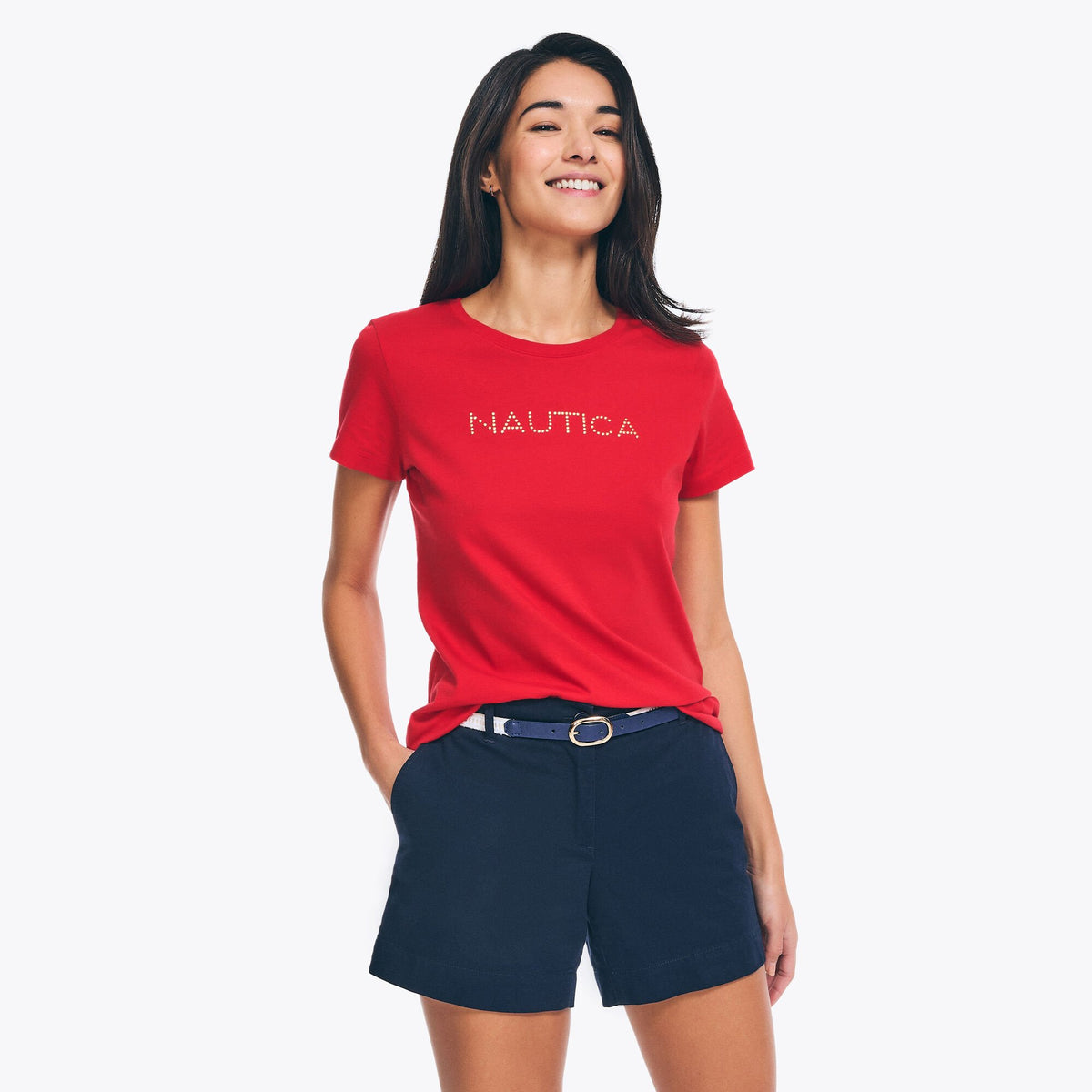 Nautica Women's Studded Logo Crewneck T-Shirt Tomales Red