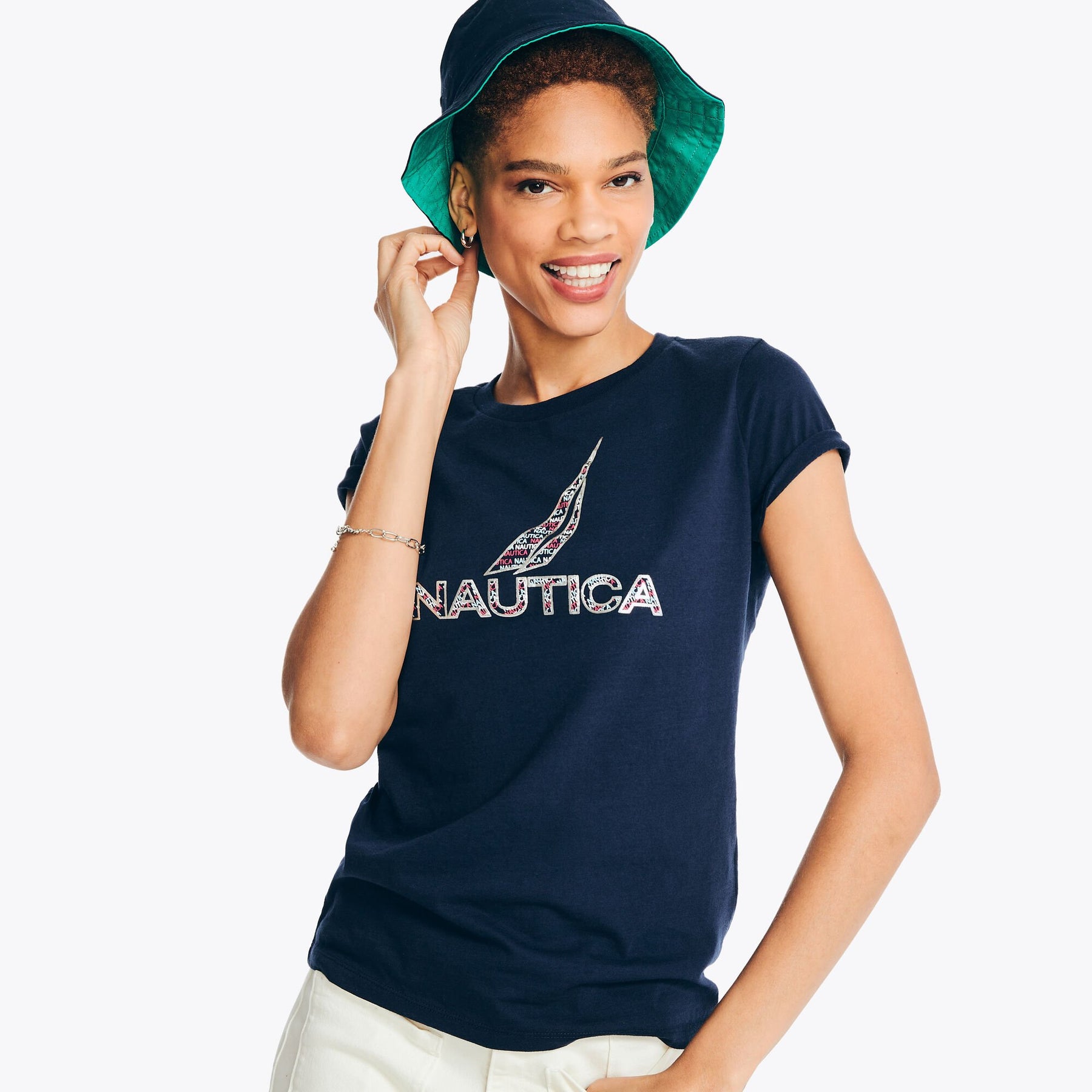 Nautica Women's Sustainably Crafted Nautica J-Class Puff Foil Graphic T-Shirt Stellar Blue Heather