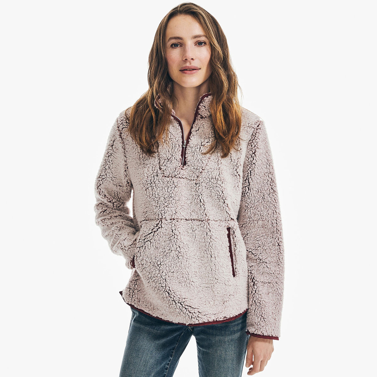 Nautica Women's Faux Shearling Quarter-Zip Jacket Parfait Pink