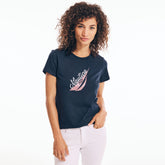 Nautica Women's J-Class Glitter Puff Logo Graphic T-Shirt Stellar Blue Heather