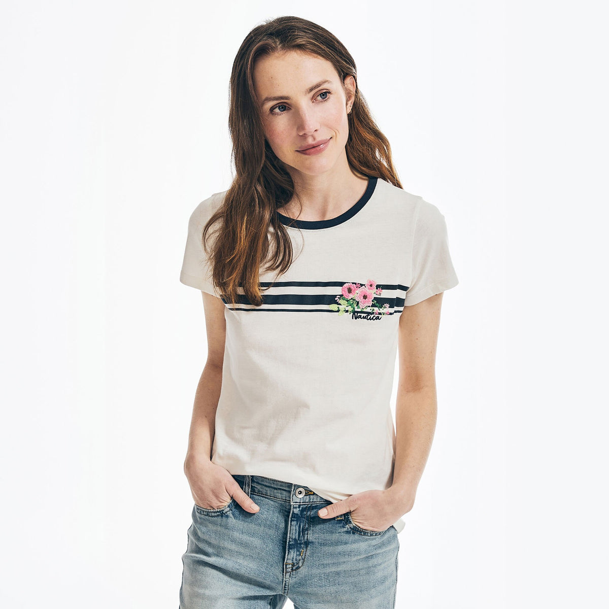 Nautica Women's Chest-Stripe Embroidered Floral Graphic T-Shirt Marshmallow