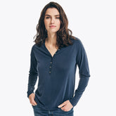 Nautica Women's Sustainably Crafted Solid Henley Stellar Blue Heather